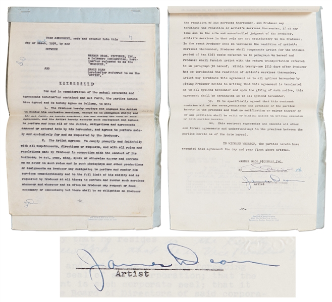 James Dean Contract Signed & Also Initialed 48 Times with Warner Bros. for East of Eden, Rebel Without a Cause and Giant -- The Contract that Made James Dean a Hollywood Legend
