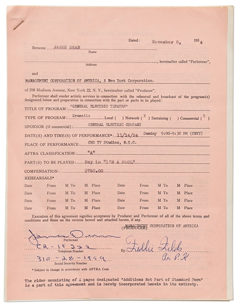 James Dean Signed Contract for G.E. Theatre in 1954 -- Dean Also Handwrites His Social Security and Telephone Numbers