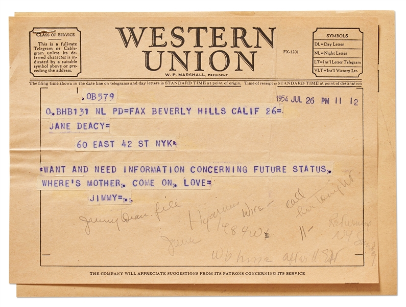 James Dean Telegram Sent in 1954 to His Agent Jane Deacy -- ''concerning future status...Love Jimmy''
