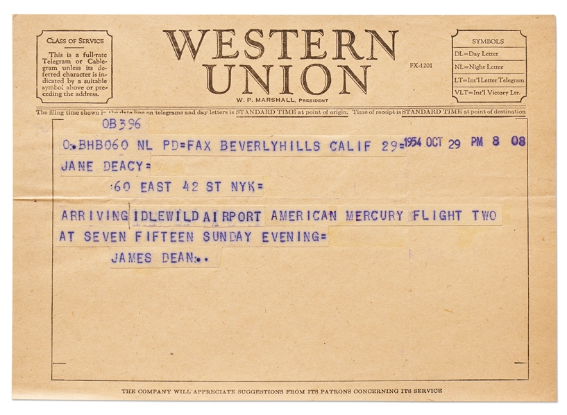James Dean Telegram Sent in 1954 to His Agent Jane Deacy
