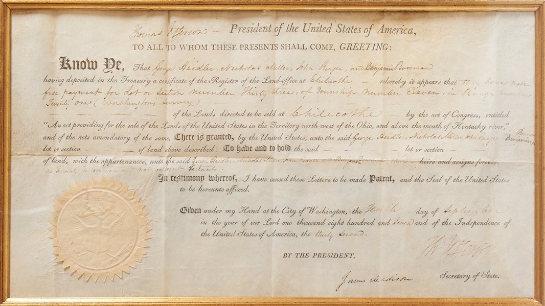 Thomas Jefferson Land Grant Signed as President -- Countersigned by James Madison as Secretary of State