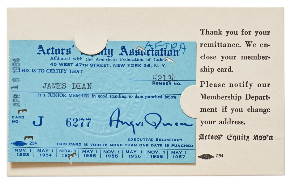 James Dean's Actor's Equity Association Card from 1954