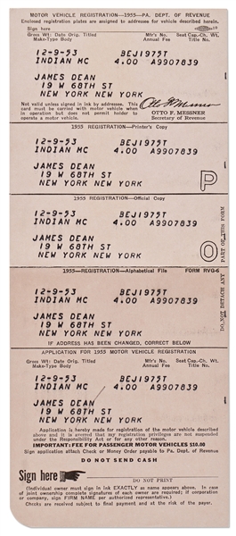 James Deans Motorcycle Registration Card for the Indian Motorcycle He Bought in 1953