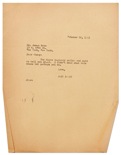 Jane Deacy Letter to James Dean from 1953