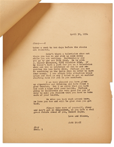 Jane Deacy Letter to James Dean from 1954 -- ''...I am very pleased you have given up cigarettes and drinking...don't get so despondent, as you have a real great future ahead of you...''