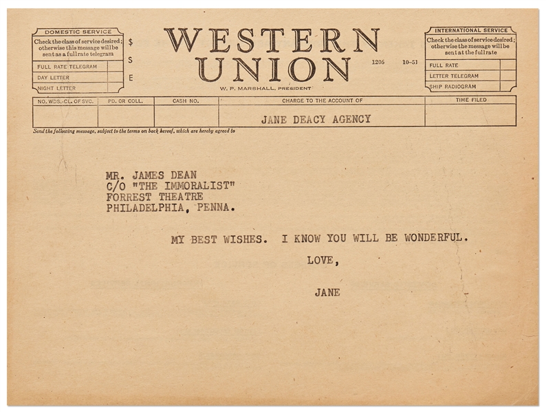Telegram to James Dean from His Agent Jane Deacy, ''c/o 'The Immoralist''', Dean's Breakout Broadway Role