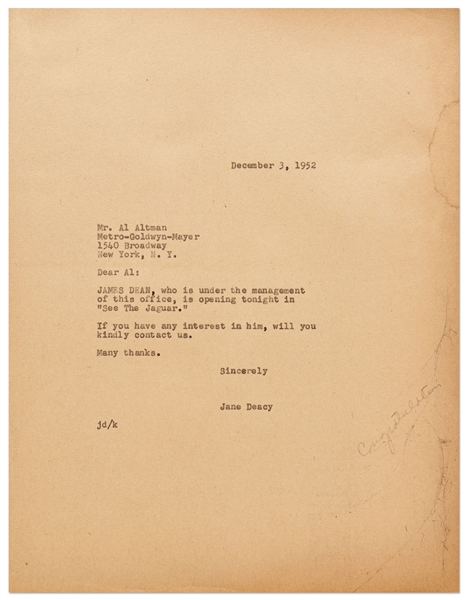 Jane Deacy Letter to MGM Regarding James Dean