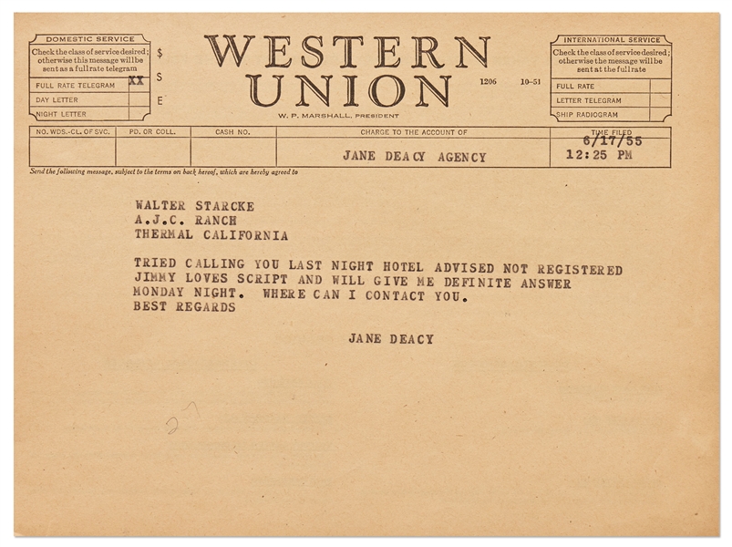 Telegram from Jane Deacy Regarding James Dean -- ''Jimmy loves script''