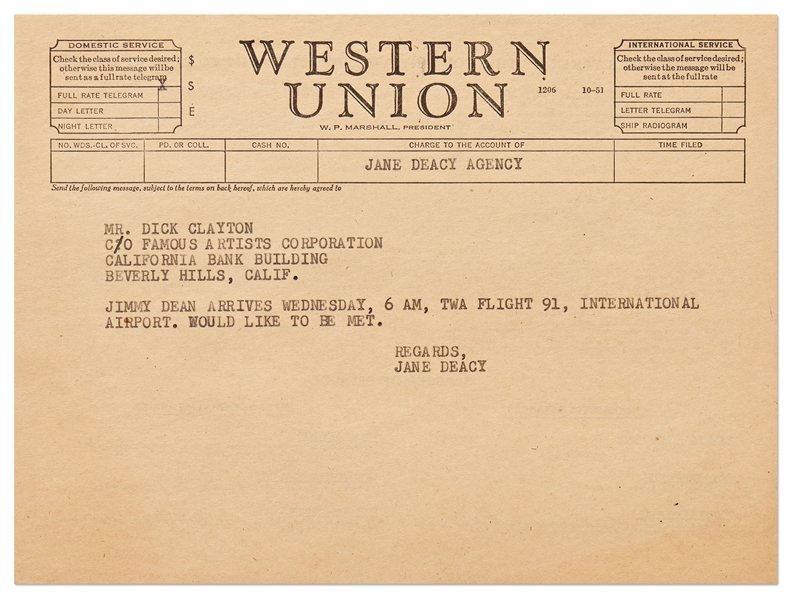 Telegram from Jane Deacy Announcing James Deans Arrival in Los Angeles to Film East of Eden
