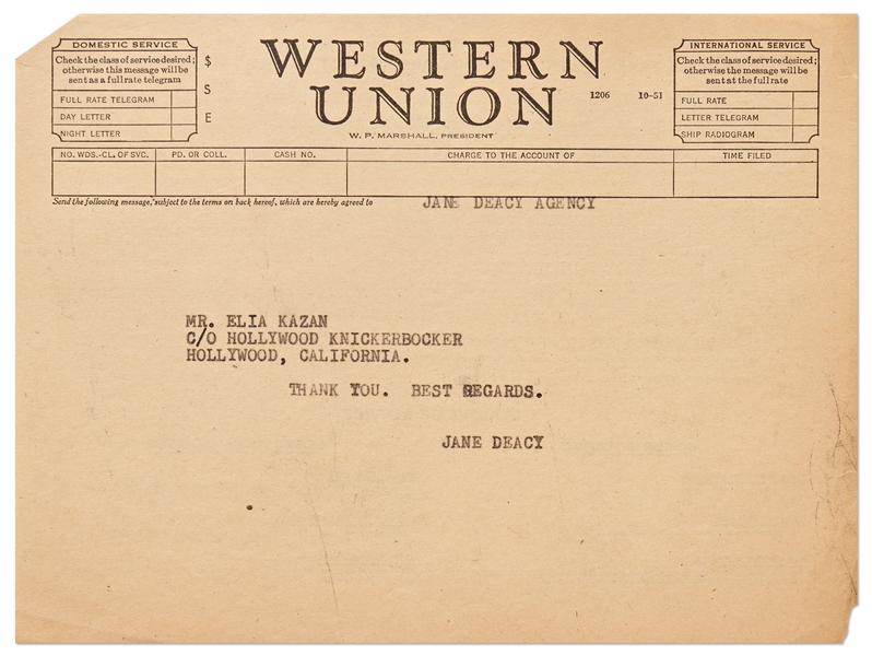 Telegram from Jane Deacy to ''East of Eden'' Director Elia Kazan with a Simple ''Thank You''
