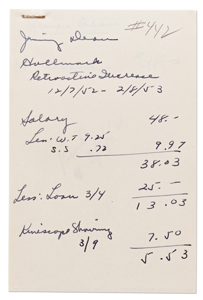 Jane Deacy Handwritten Note About Payment to James Dean