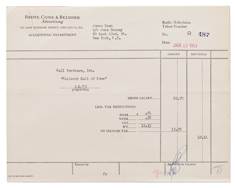 Payment Voucher for James Dean's Appearance on the Hallmark Hall of Fame