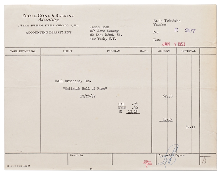 Payment Voucher for James Dean's Appearance on the Hallmark Hall of Fame -- Plus Handwritten Note About His Salary