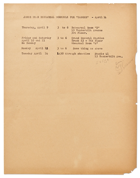 James Dean's Rehearsal Schedule for the TV Show ''Danger''