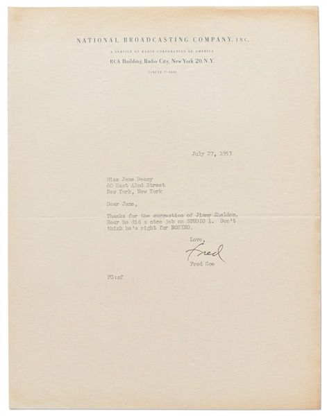 Letter from NBC to Jane Deacy Regarding Director James Sheldon, Who Introduced James Dean to Deacy