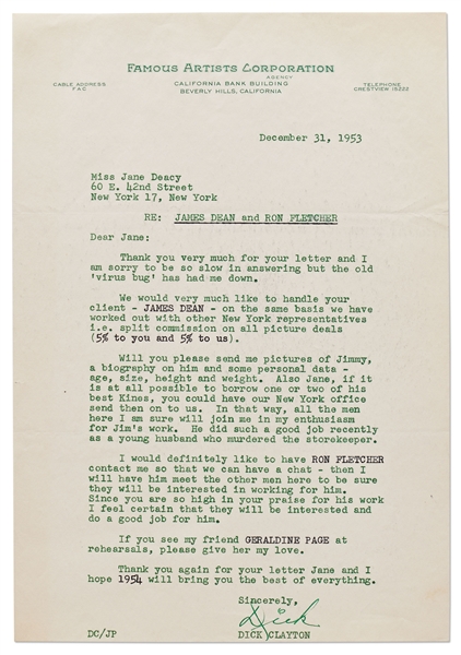 Letter from Famous Artists Corp. to Jane Deacy Regarding Representing James Dean on the West Coast
