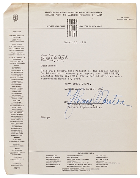 Letter from SAG to the Jane Deacy Agency Regarding a 3-Year Contract Extension with James Dean -- Shortly After Dean Was Selected for ''East of Eden''