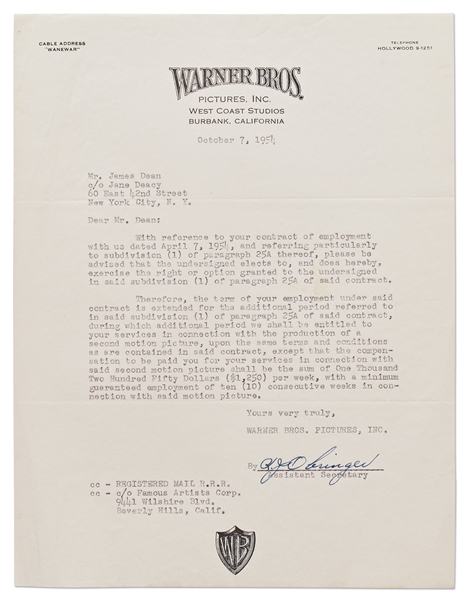 Letter from Warner Brothers to James Dean, Informing Him that It's Exercising the Option to Employ Him in a ''second motion picture''