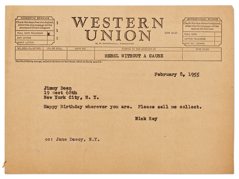 Telegram to James Dean from ''Rebel Without a Cause'' Director Nick Ray -- Ray Sends Dean Birthday Wishes, with ''REBEL WITHOUT A CAUSE'' Typed at Top