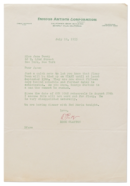 Letter from Dick Clayton to Jane Deacy Regarding Shooting Delays for ''GIANT'' -- ''...Jimmy Dean will be tied up on GIANT until at least September 15. They are now about fifteen days behind...''