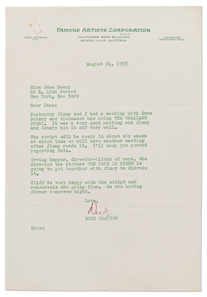 Letter to Jane Deacy from Dick Clayton's Office Regarding James Dean ''doing THE GRAZIANO STORY''