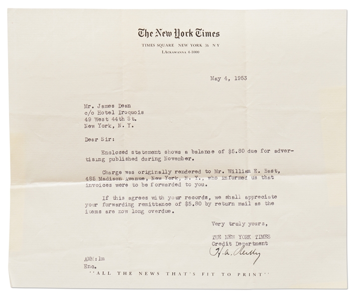 Invoice from the ''New York Times'' to James Dean for Advertising -- With Mention of William Bast