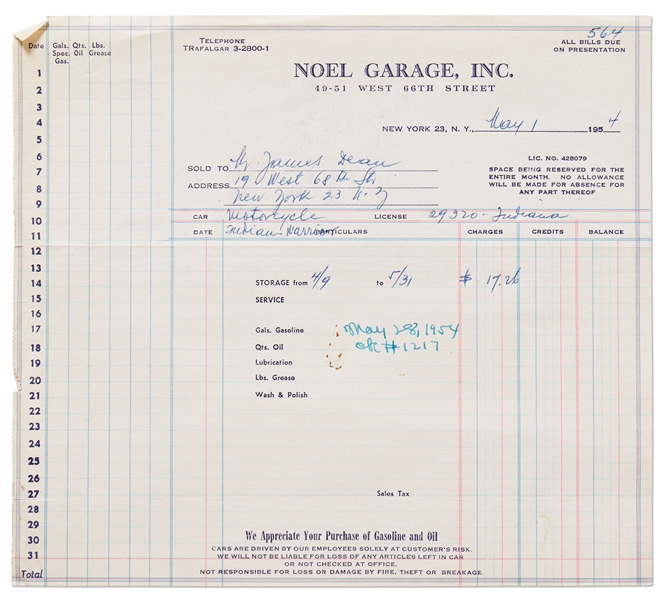 Invoice from 1954 to Keep James Dean's Motorcycle