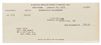 NBC Paystub from January 1953 to James Dean for His Performance in the TV Episode The Hound of Heaven
