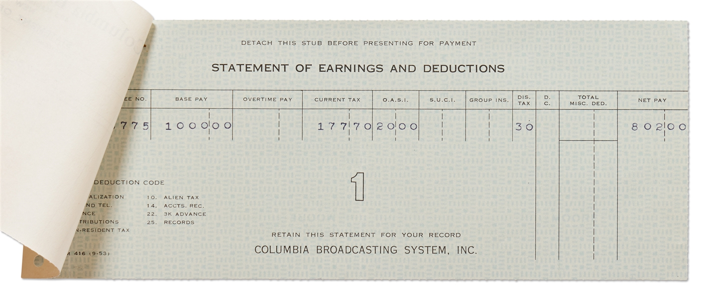 James Dean's Paycheck Stub from CBS for Filming ''Danger'' in 1953