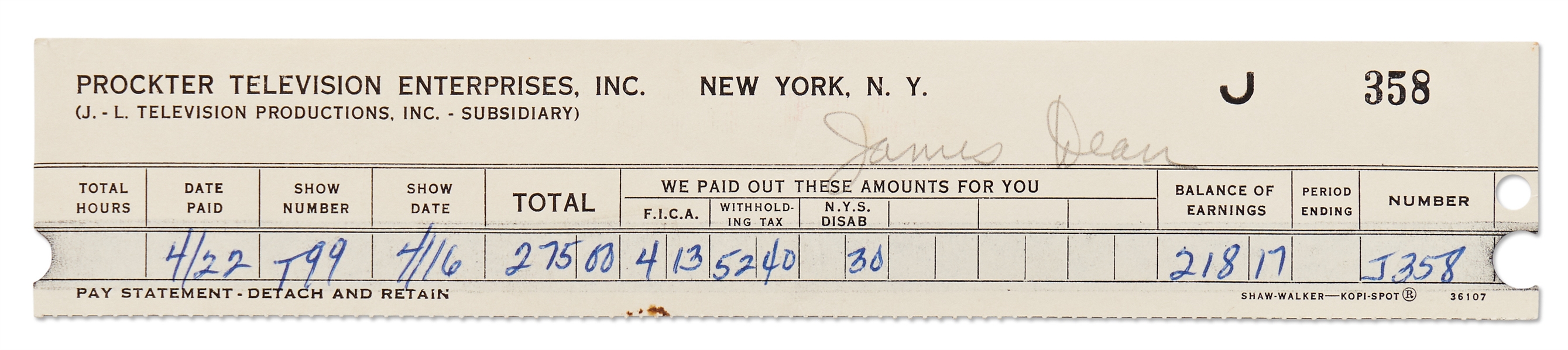 James Dean's Paystubs for Two Television Appearances in 1953 and 1954