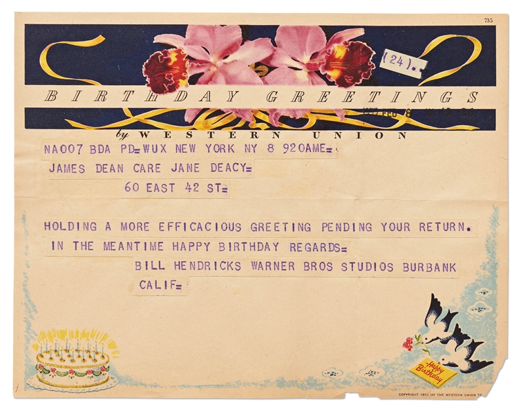 Birthday Telegram to James Dean from Warner Brothers