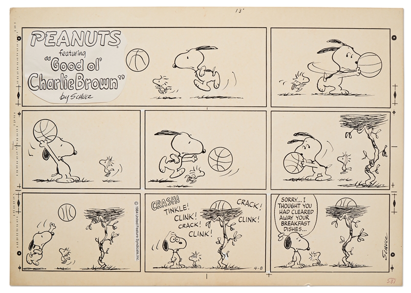 Original Charles Schulz Hand-Drawn Sunday ''Peanuts'' Comic Strip -- Snoopy and Woodstock Play a Game of Pickup Basketball
