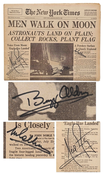 Exceptional Apollo 11 Crew-Signed Newspaper, ''MEN WALK ON MOON'' -- Without Inscription -- With Steve Zarelli COA