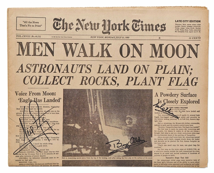 Exceptional Apollo 11 Crew-Signed Newspaper, ''MEN WALK ON MOON'' -- Without Inscription -- With Steve Zarelli COA