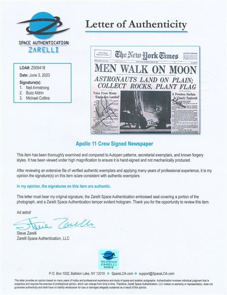 Exceptional Apollo 11 Crew-Signed Newspaper, ''MEN WALK ON MOON'' -- Without Inscription -- With Steve Zarelli COA