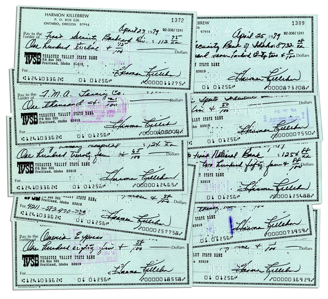 Baseball HOFer Harmon Killebrew Signed Personal Checks -- Lot of 10