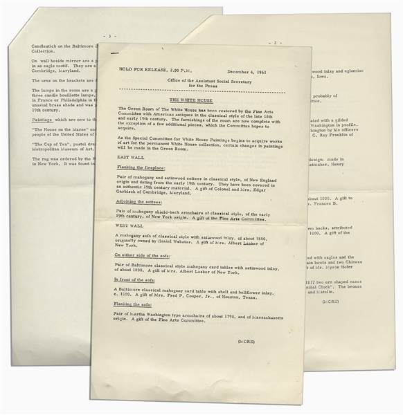 Press Release From 1961 Pertaining to Jackie Kennedy's Famous Renovation of the White House