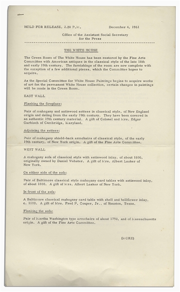 Press Release From 1961 Pertaining to Jackie Kennedy's Famous Renovation of the White House