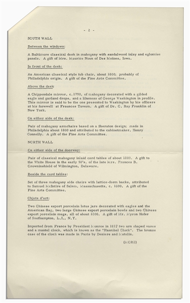 Press Release From 1961 Pertaining to Jackie Kennedy's Famous Renovation of the White House