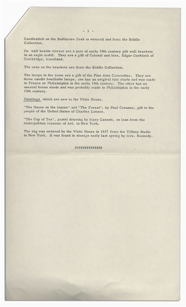 Press Release From 1961 Pertaining to Jackie Kennedy's Famous Renovation of the White House