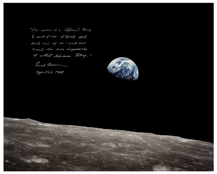 Frank Borman Signed 20'' x 16'' Earthrise Photo, With His Thoughts About the Moon: ''...each one carries his own impression of what he's seen today...''