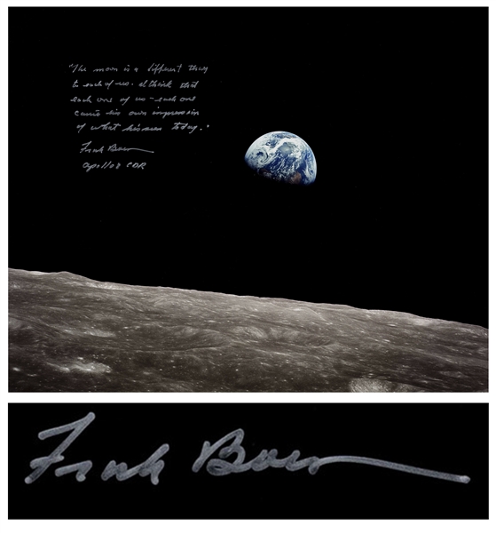 Frank Borman Signed 20'' x 16'' Earthrise Photo, With His Thoughts About the Moon: ''...each one carries his own impression of what he's seen today...''