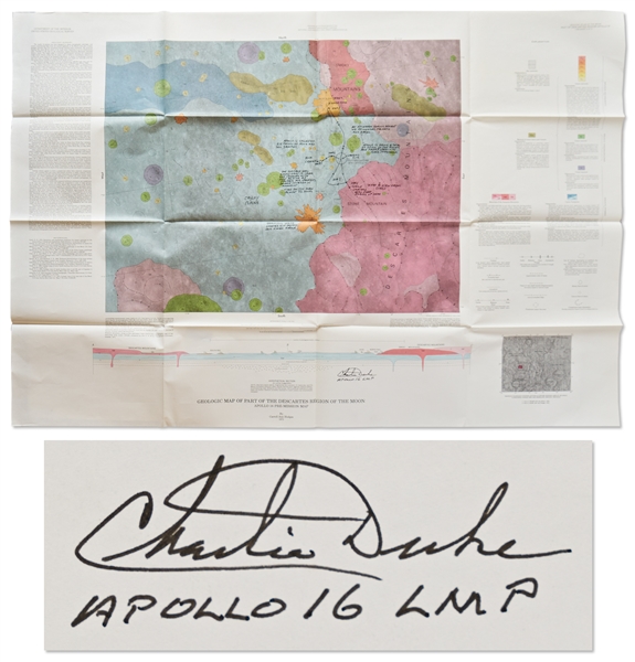 Charlie Duke Signed Apollo 16 Map Showing the Descartes Region of the Moon Measuring 44'' x 30'' -- With Extensive Handwritten Notes by Duke