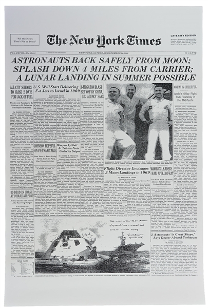 Frank Borman Signed ''New York Times'' Poster From 28 December 1968 After the Successful Return to Earth of Apollo 8 -- Borman Additionally Writes ''...a small disk 240,000 miles away...''