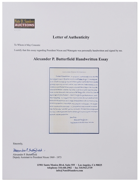 Alexander Butterfield Autograph Manuscript Signed Regarding Watergate and President Nixon's Involvement -- ''...Nixon, in my opinion, most assuredly knew about the first Watergate break-in...''