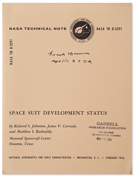 Frank Borman Signed NASA Report from 1966 on Astronaut Space Suit Development -- With Novaspace COA