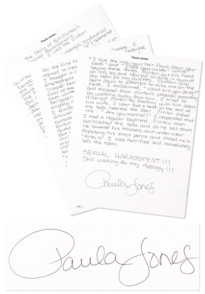 Paula Jones Handwritten, Signed Statement Regarding Bill Clinton Propositioning Her When She Was an Arkansas State Employee -- ''...The Governor would like to meet with you...''