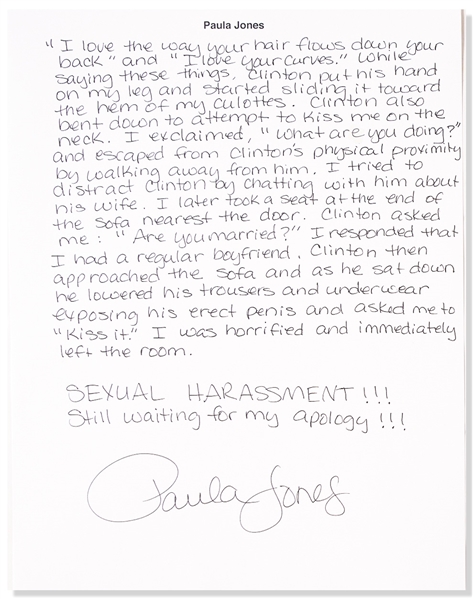 Paula Jones Handwritten, Signed Statement Regarding Bill Clinton Propositioning Her When She Was an Arkansas State Employee -- ''...The Governor would like to meet with you...''