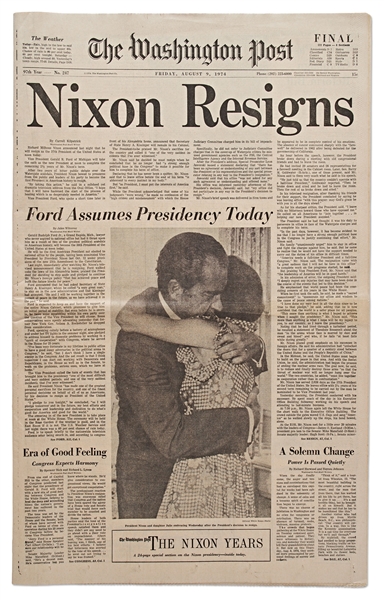 ''The Washington Post'' Mat from 9 August 1974 with the Historic Headline of ''Nixon Resigns'' -- Includes Original Newspaper