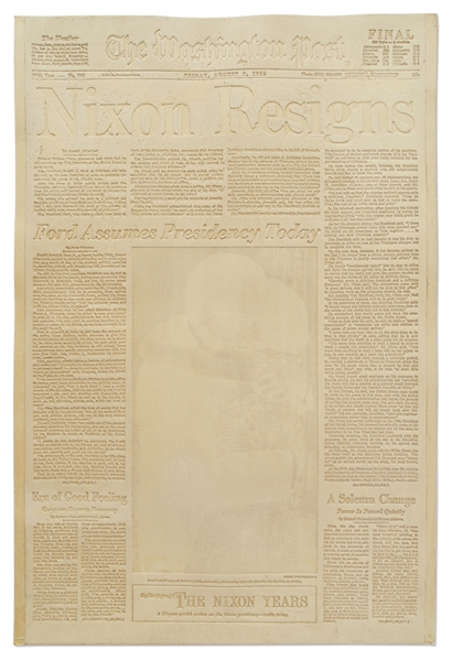 ''The Washington Post'' Mat from 9 August 1974 with the Historic Headline of ''Nixon Resigns'' -- Includes Original Newspaper